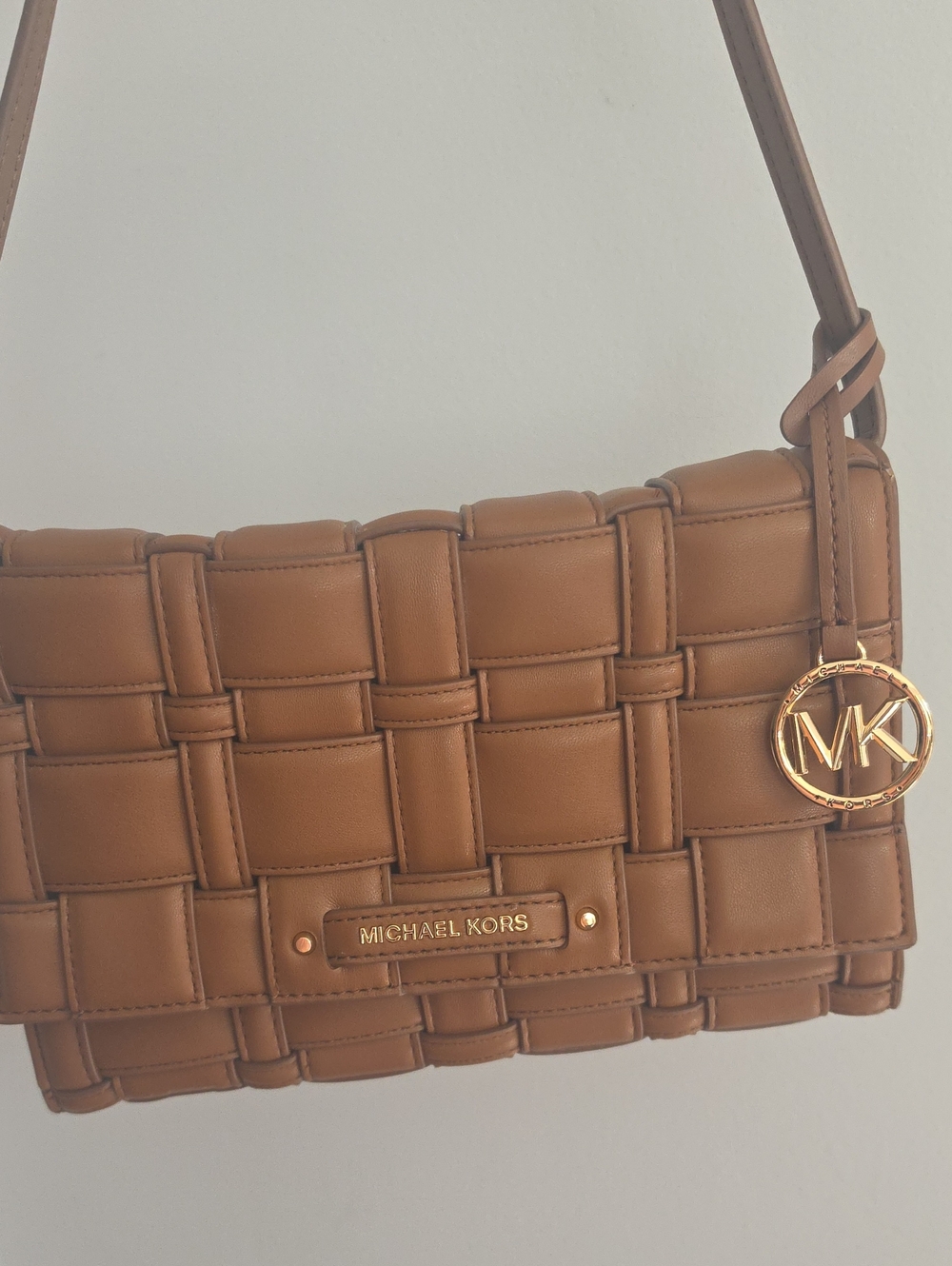Michael Kors Tan Woven Leather Shoulder Bag with Gold MK Charm